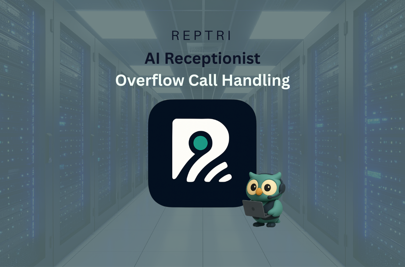 Feature image titled "AI Receptionist Overflow Call Handling", with the reptri logo centre of the page and the reptri owl overlapping the logo.